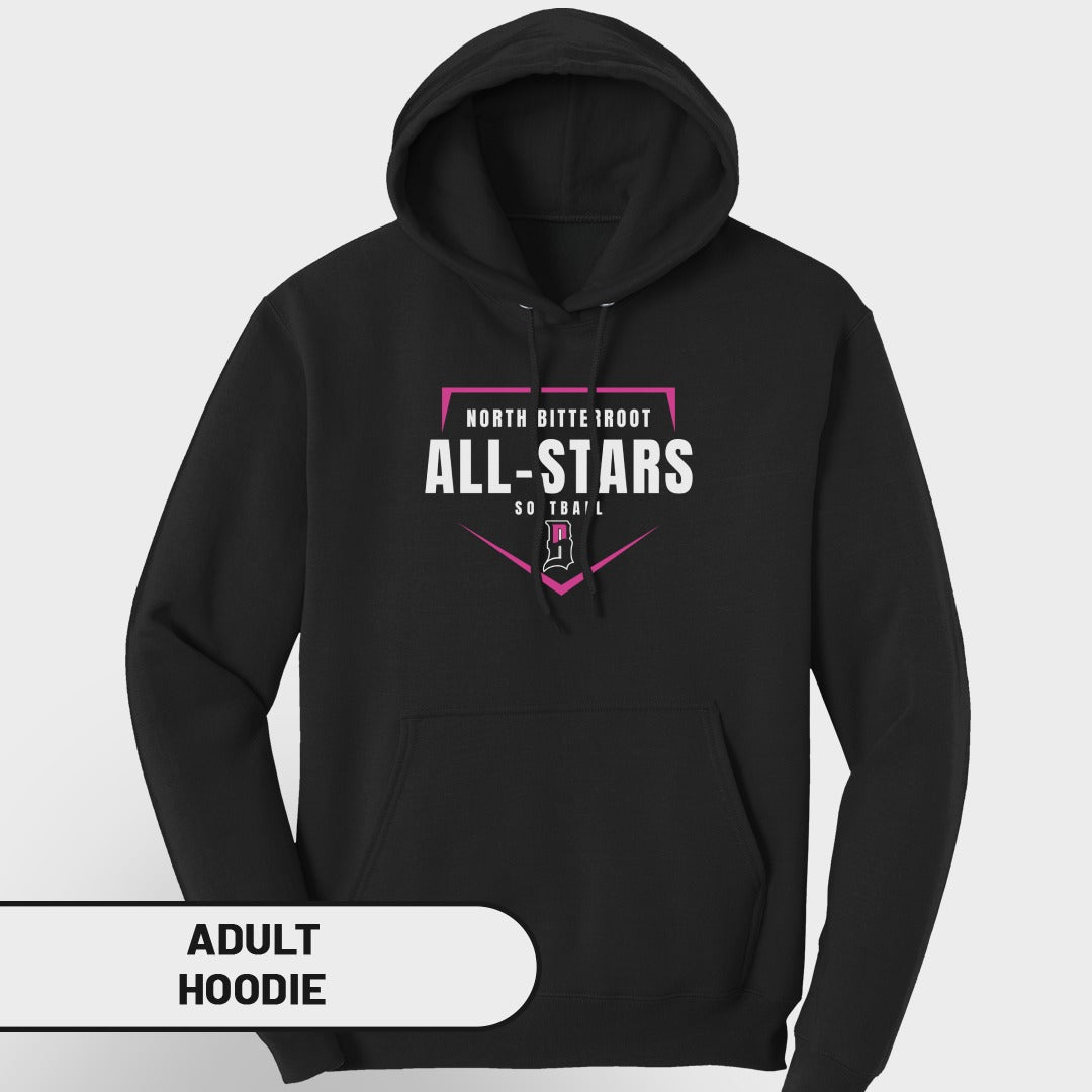 North Bitterroot All-Stars adult softball hoodie with pink logo.