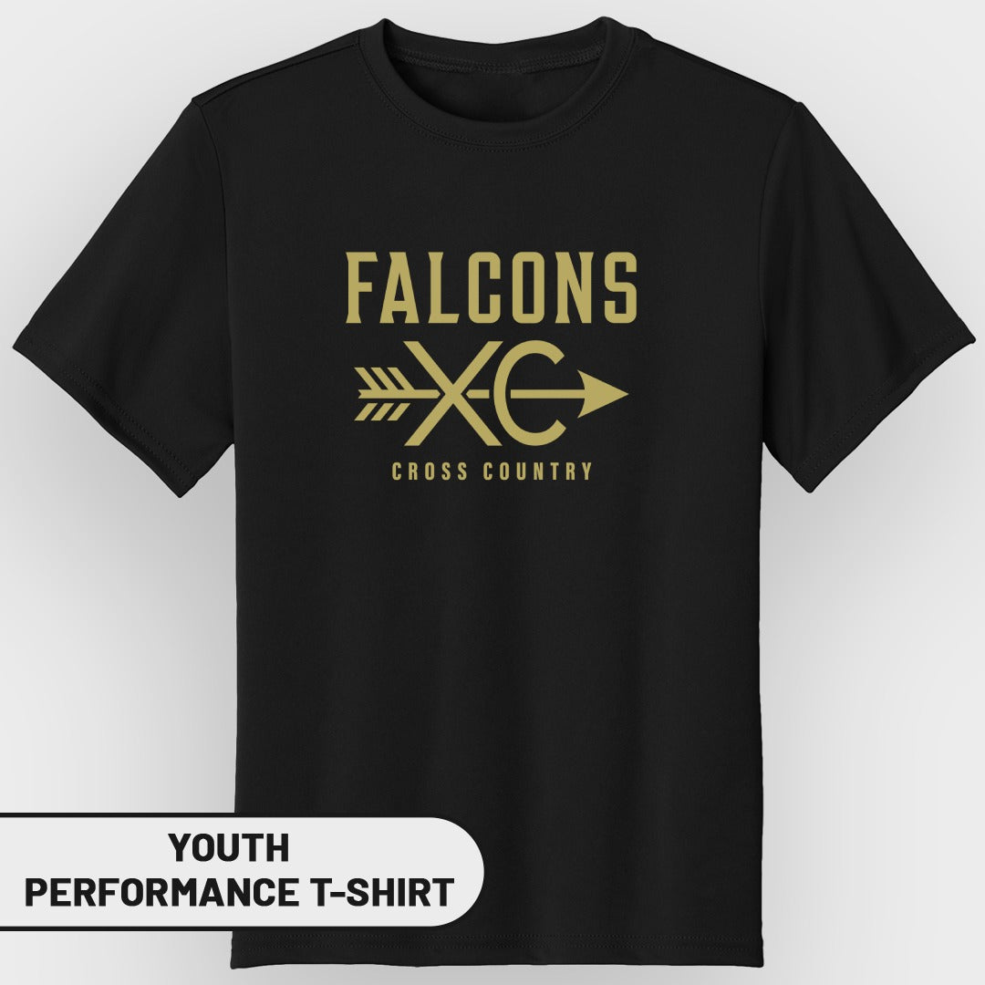 Youth black t-shirt with "FALCONS XC CROSS COUNTRY" text and arrow design.
