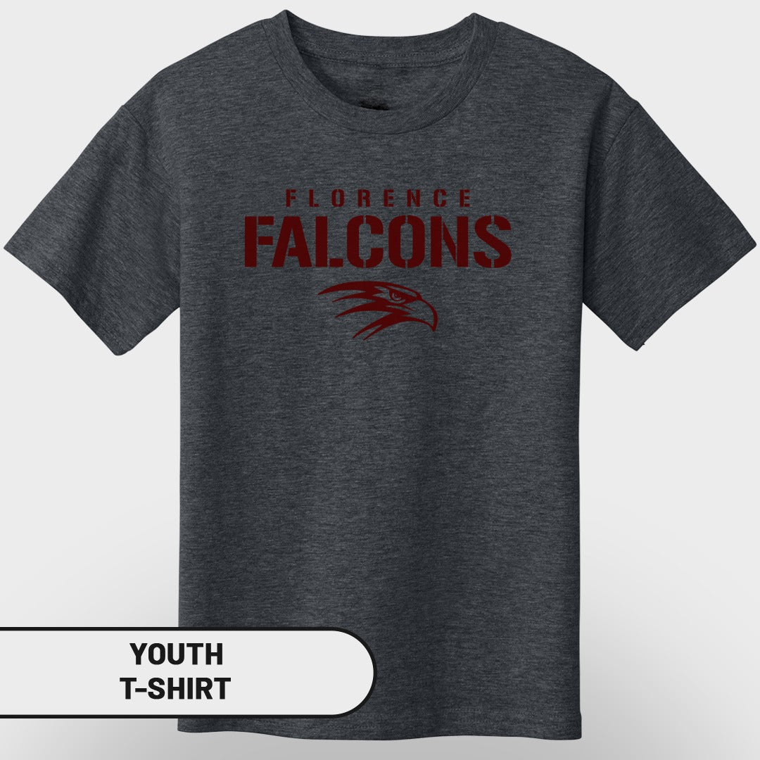 Dark gray youth t-shirt with "Florence Falcons" and a falcon head logo.