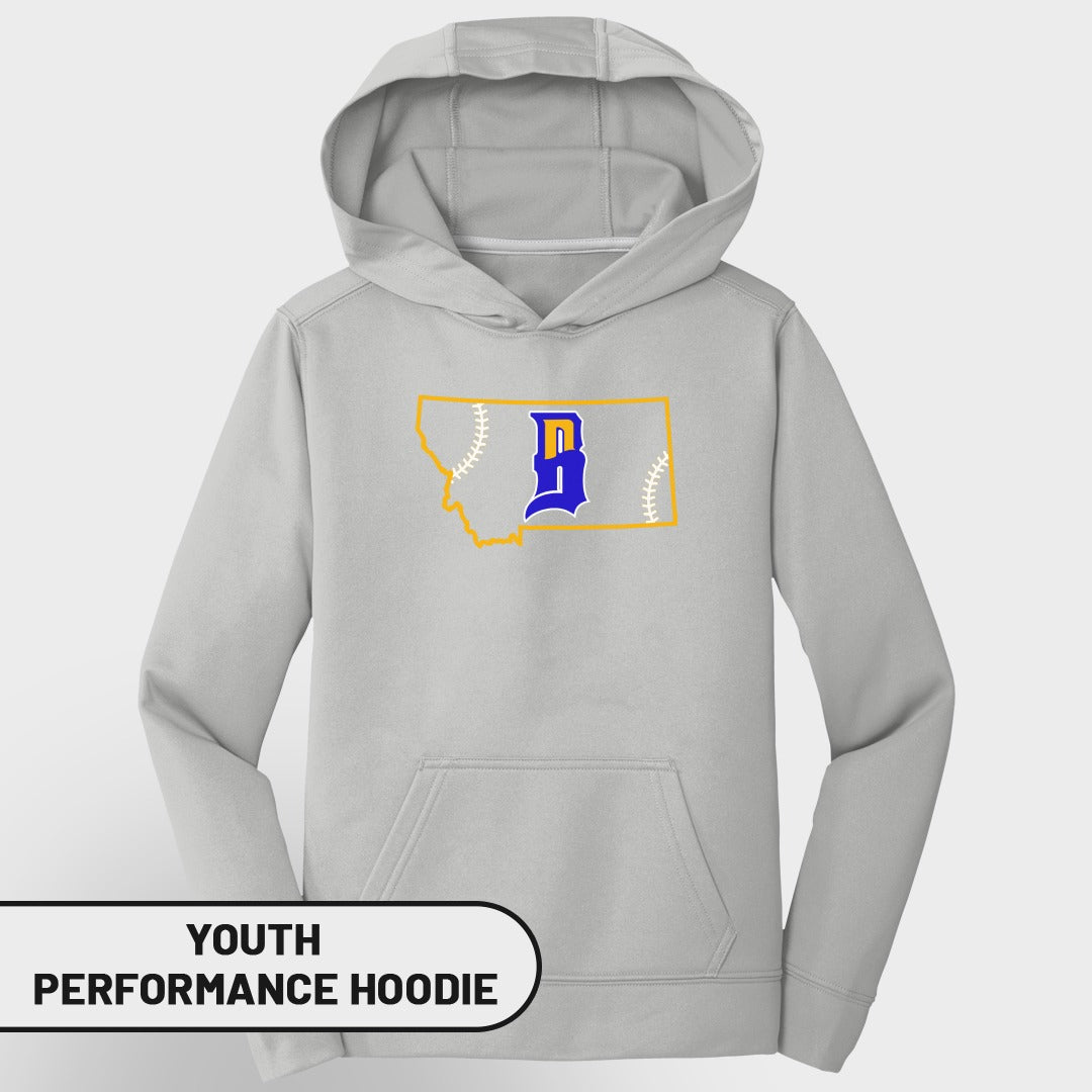 Grey youth performance hoodie with Montana outline and "D" baseball logo.