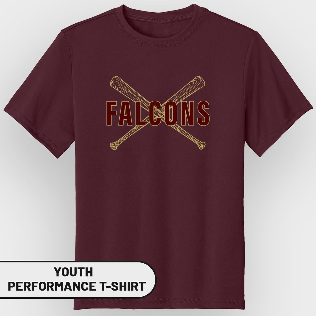 Maroon youth performance t-shirt with crossed baseball bats and "Falcons" text.