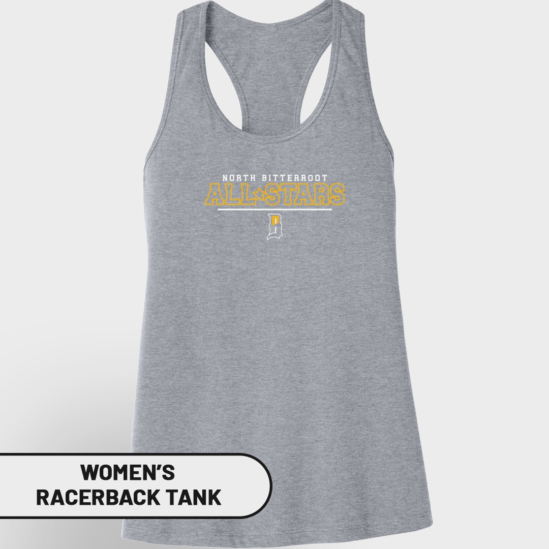 Gray women's racerback tank top with North Bitterroot softball championship text.