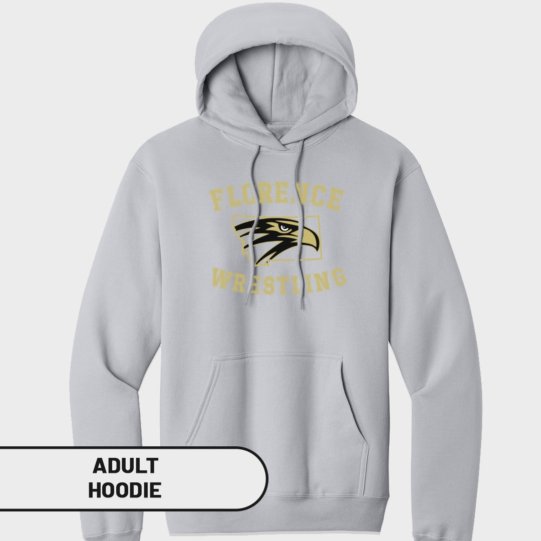 Grey adult hoodie with "FLORENCE WRESTLING" and eagle logo.