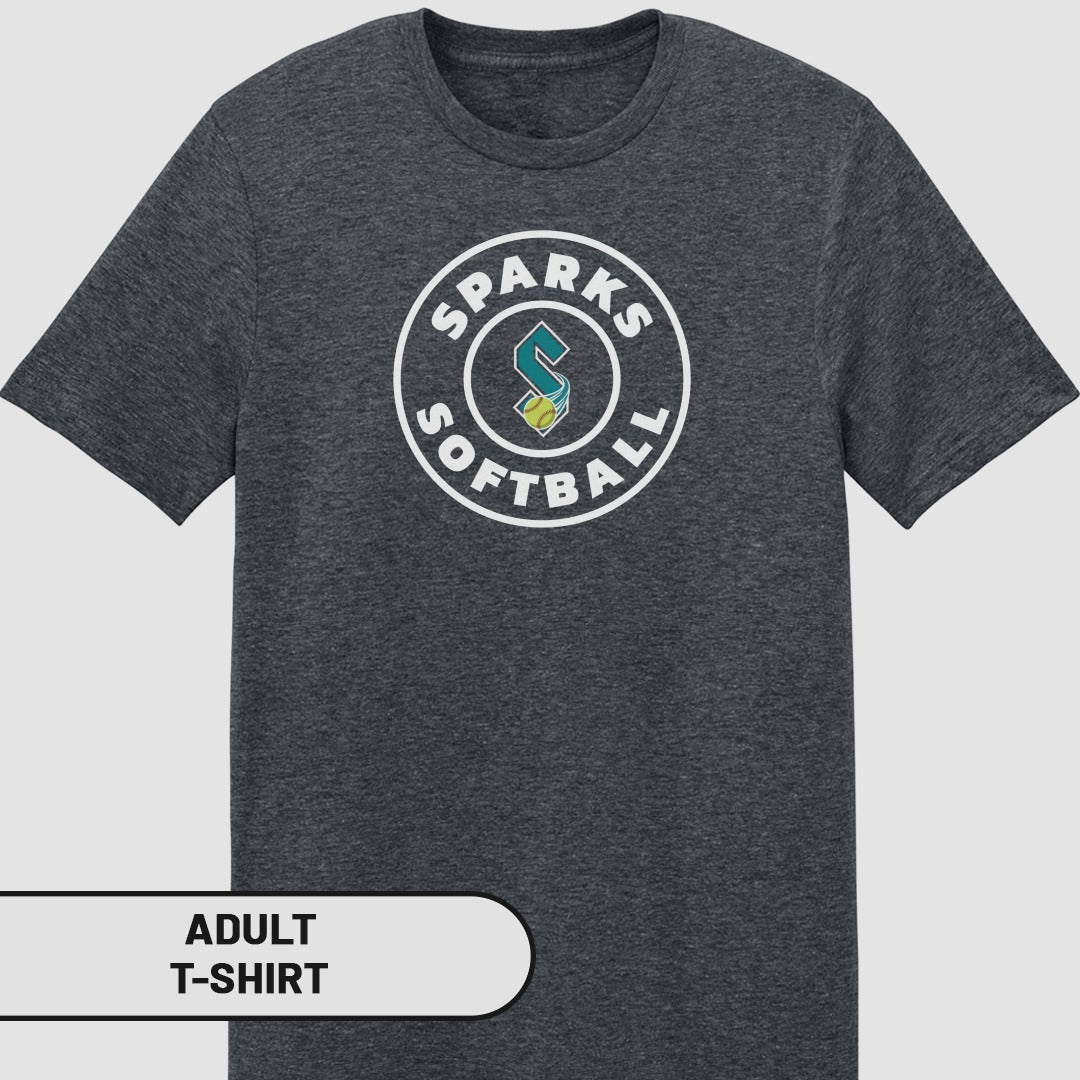 Adult charcoal t-shirt with white and teal Sparks Softball logo.