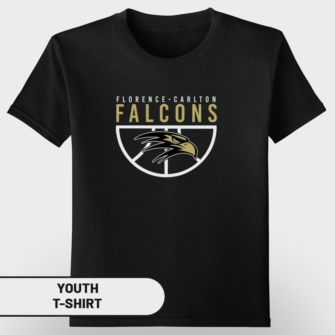 Black youth t-shirt with Florence-Carlton Falcons basketball logo and text.