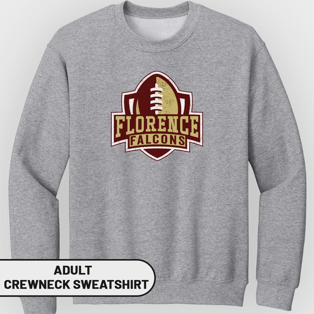 Grey adult crewneck sweatshirt with Florence Falcons football logo