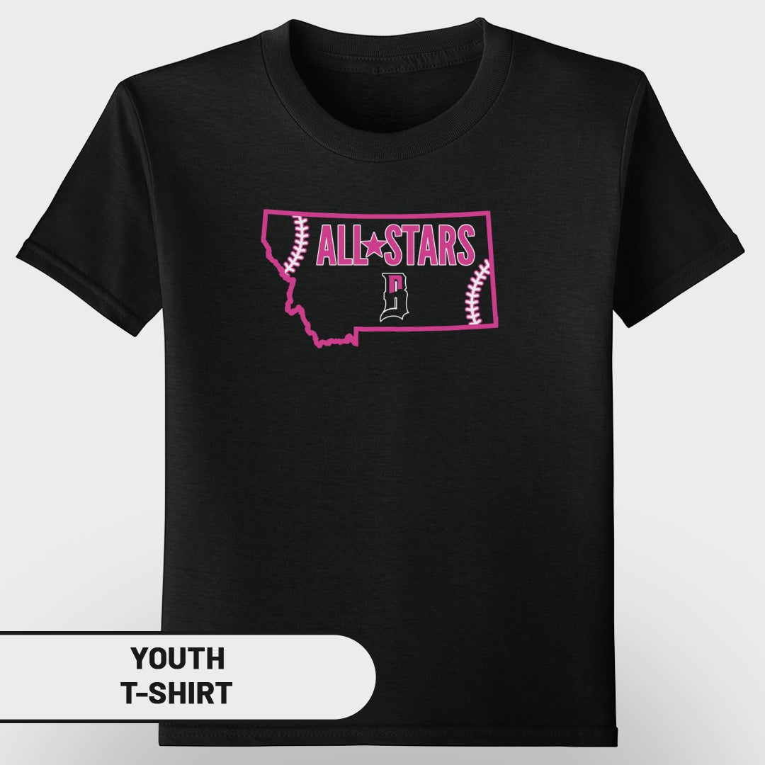 Black youth t-shirt with pink "ALL STARS" baseball graphic inside Montana outline.