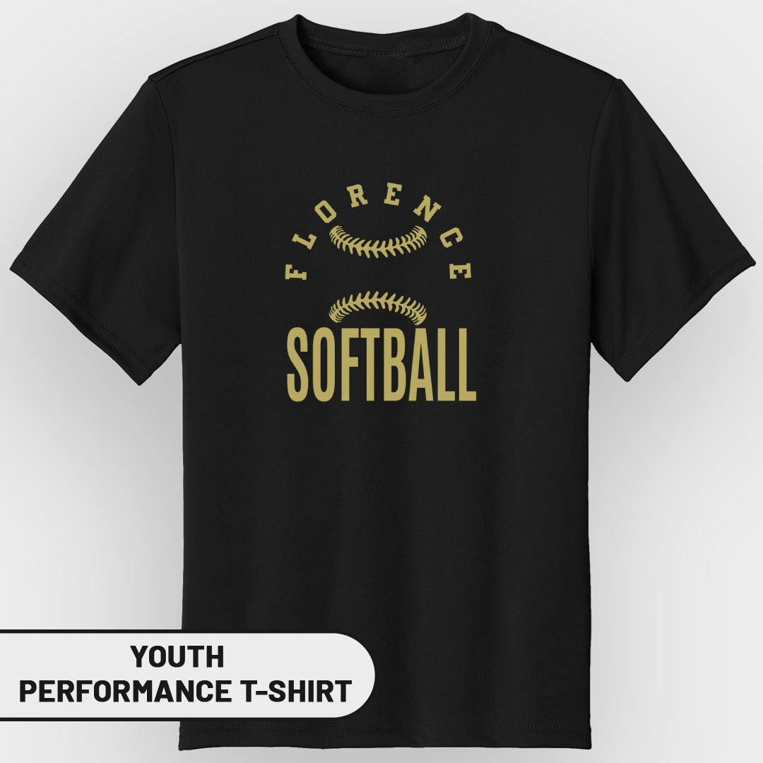Black youth performance t-shirt with "Florence Softball" text and softball graphics.
