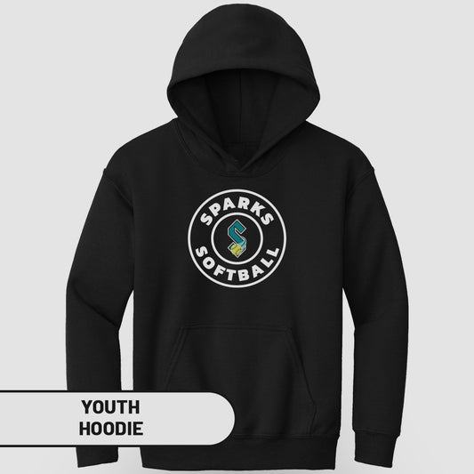 Black youth hoodie with Sparks Softball circular logo.