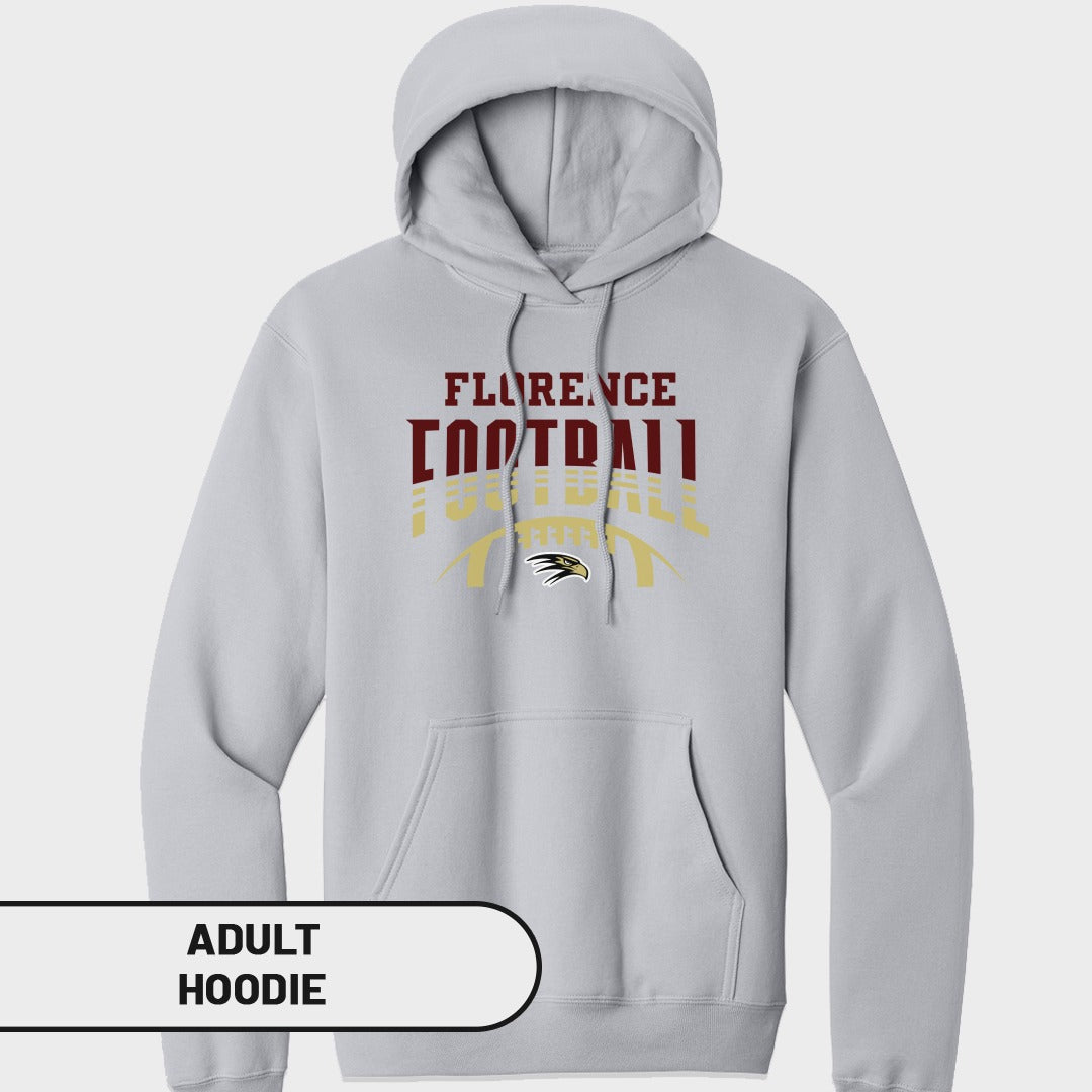 Light grey adult hoodie with "Florence Football" text and a hawk logo.