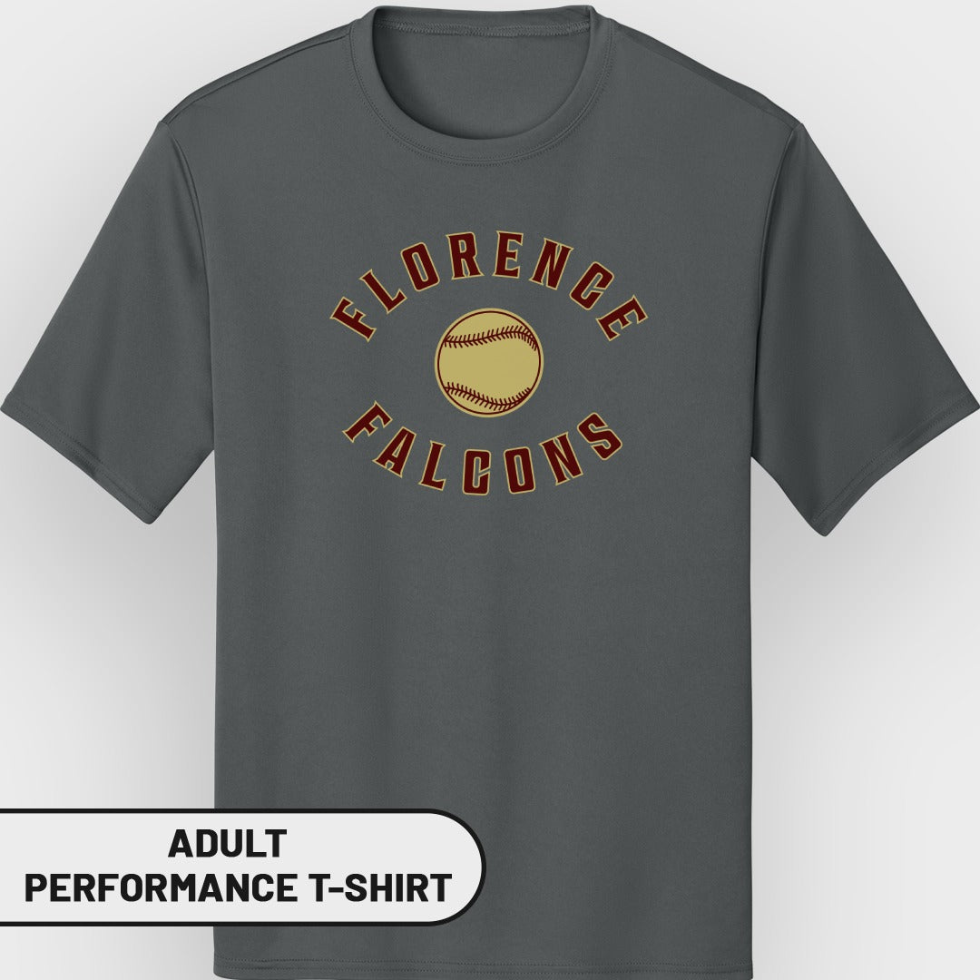 Adult performance t-shirt with "Florence Falcons" and baseball graphic.