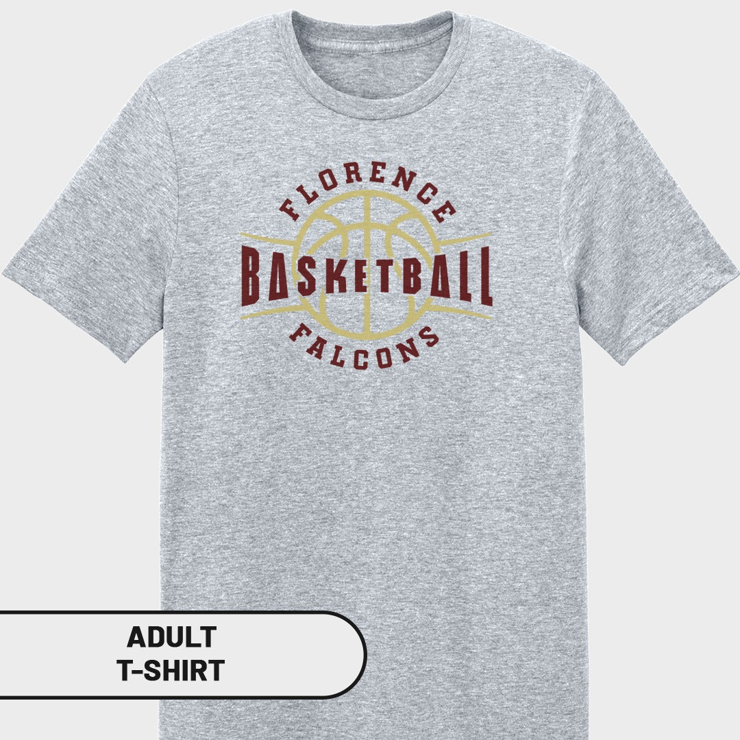 Grey adult t-shirt with "Florence Basketball Falcons" graphic.