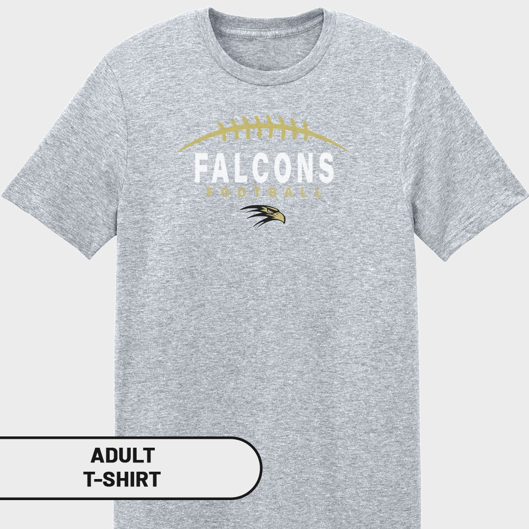 Adult grey t-shirt with "FALCONS FOOTBALL" text and eagle logo.
