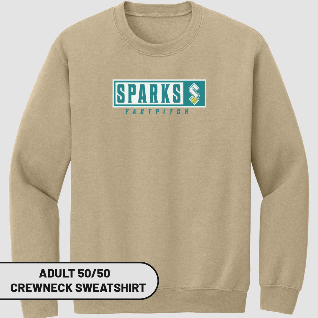 Tan crewneck sweatshirt with "SPARKS FASTPITCH" logo.