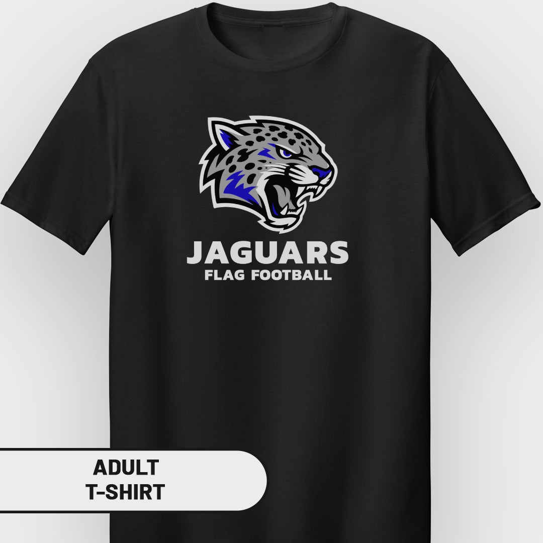 Black adult t-shirt with Jaguars Flag Football logo and text.