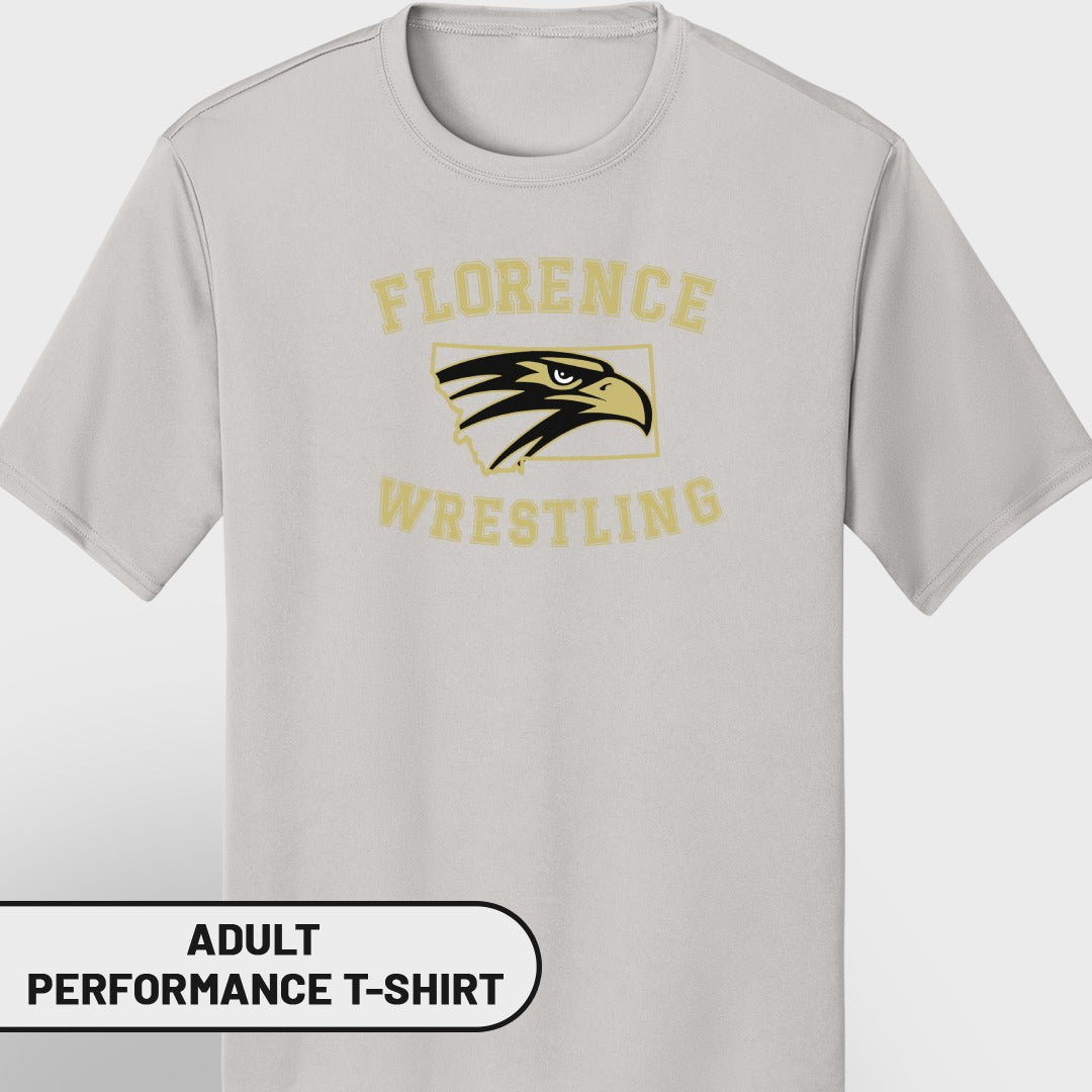 Light gray adult performance t-shirt with Florence Wrestling graphic and eagle logo.