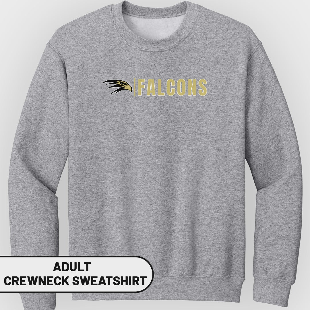Grey adult crewneck sweatshirt with "FALCONS" text and hawk logo.