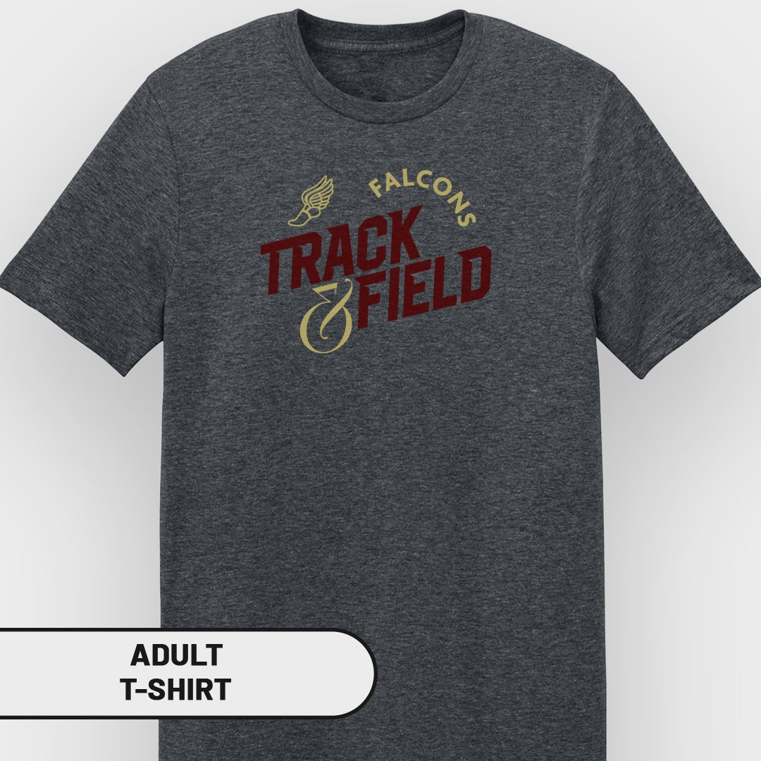 Dark grey adult t-shirt with "Falcons Track & Field" text and wing graphic.