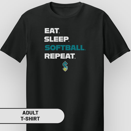 Black t-shirt with "Eat. Sleep. Softball. Repeat." and a teal "S" logo.