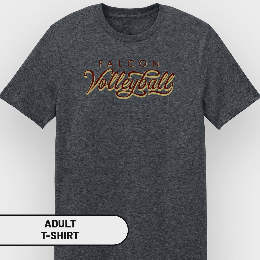 Adult t-shirt with "FALCON Volleyball" text in red and gold script.