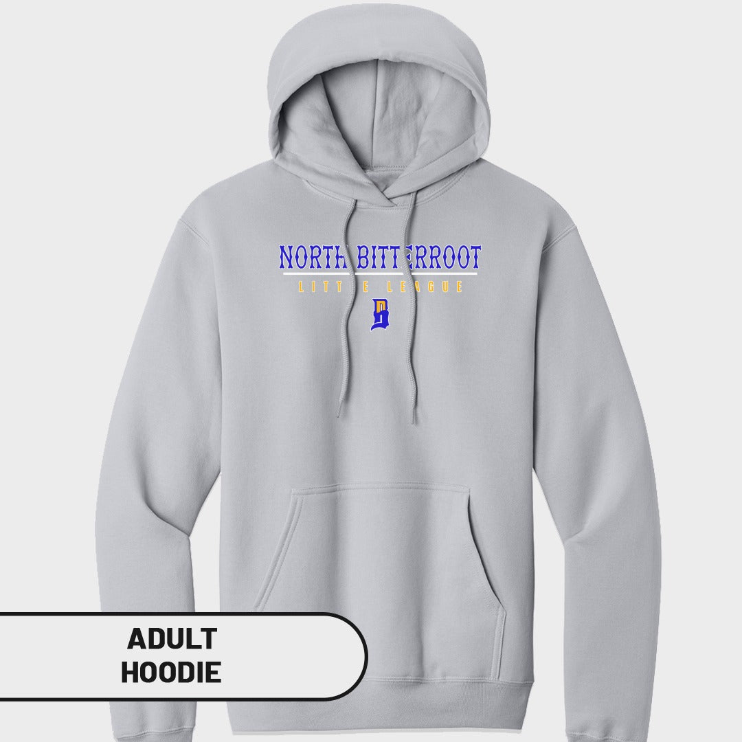 Light grey adult hoodie with "NORTH BITTERROOT LITTLE LEAGUE" text.