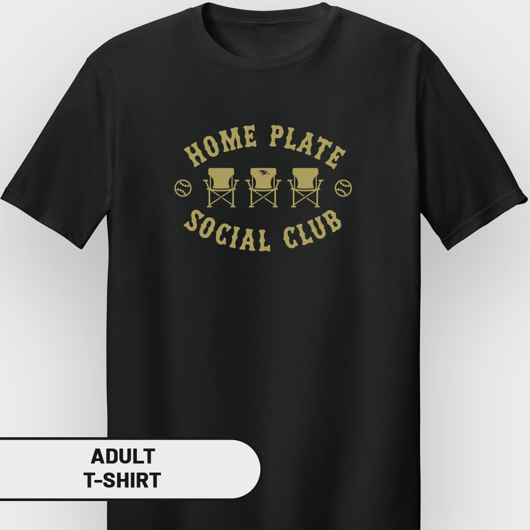 Black adult t-shirt with gold "Home Plate Social Club" graphic.