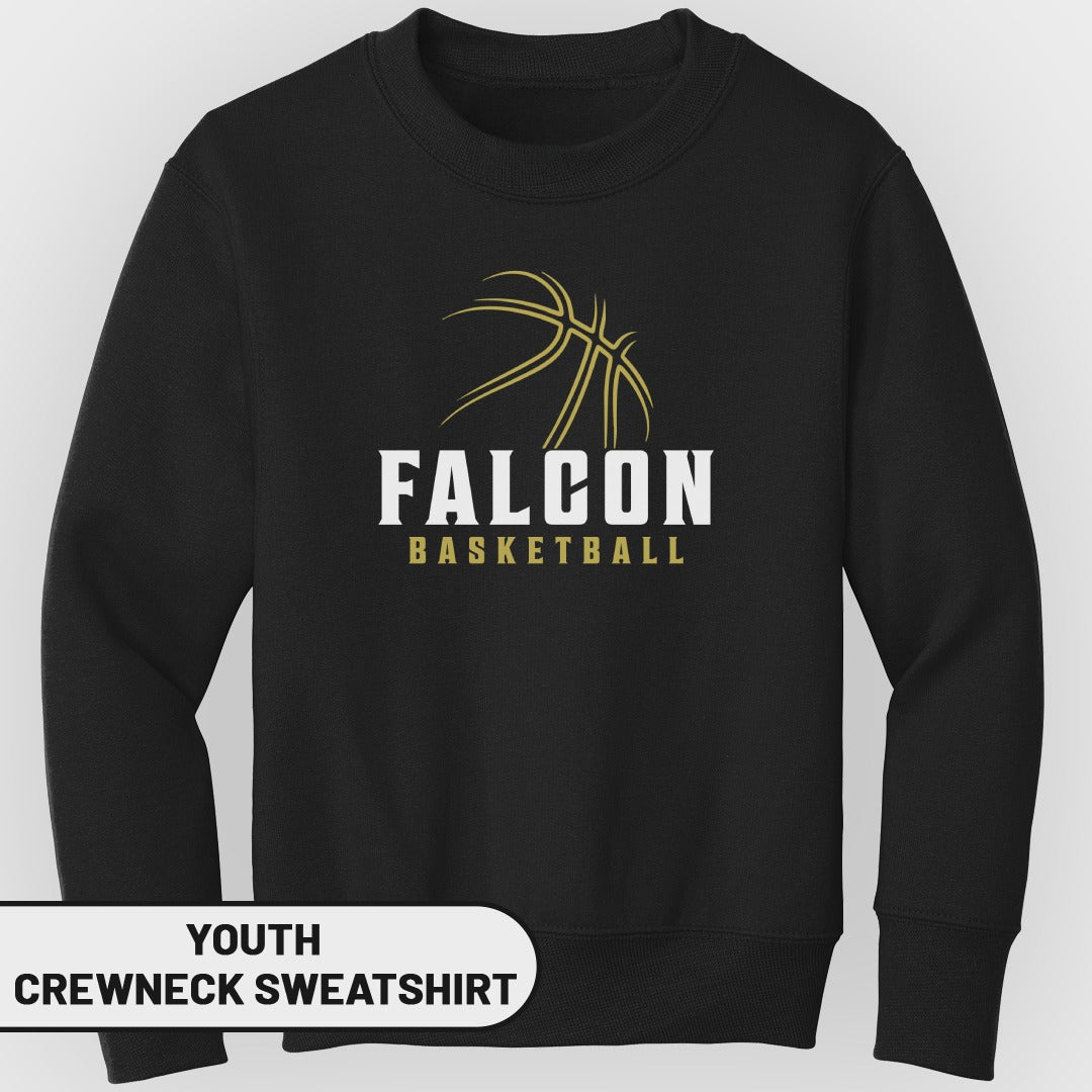 Youth crewneck sweatshirt with gold "FALCON BASKETBALL" text and basketball graphic.
