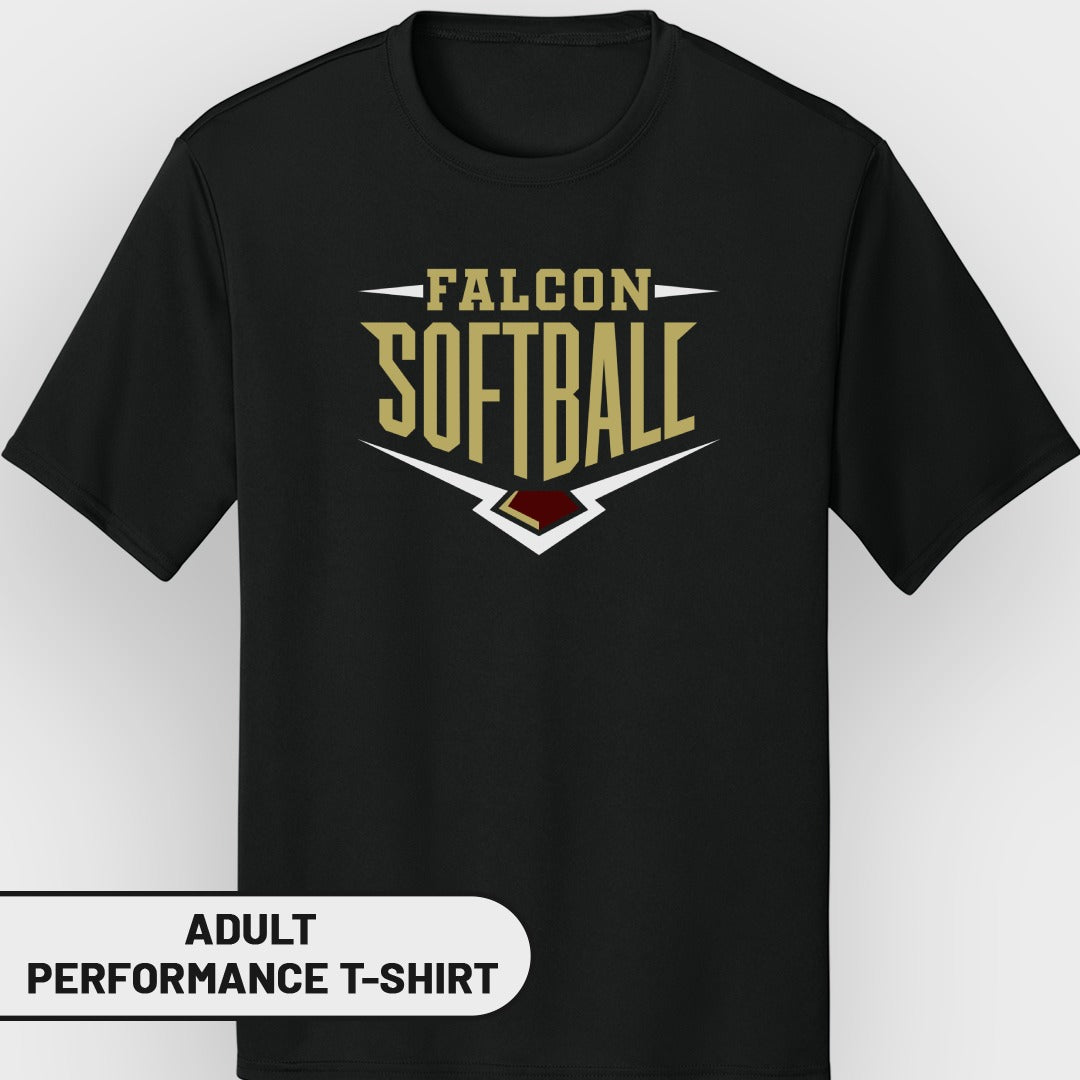 Black adult performance t-shirt with "FALCON SOFTBALL" logo.