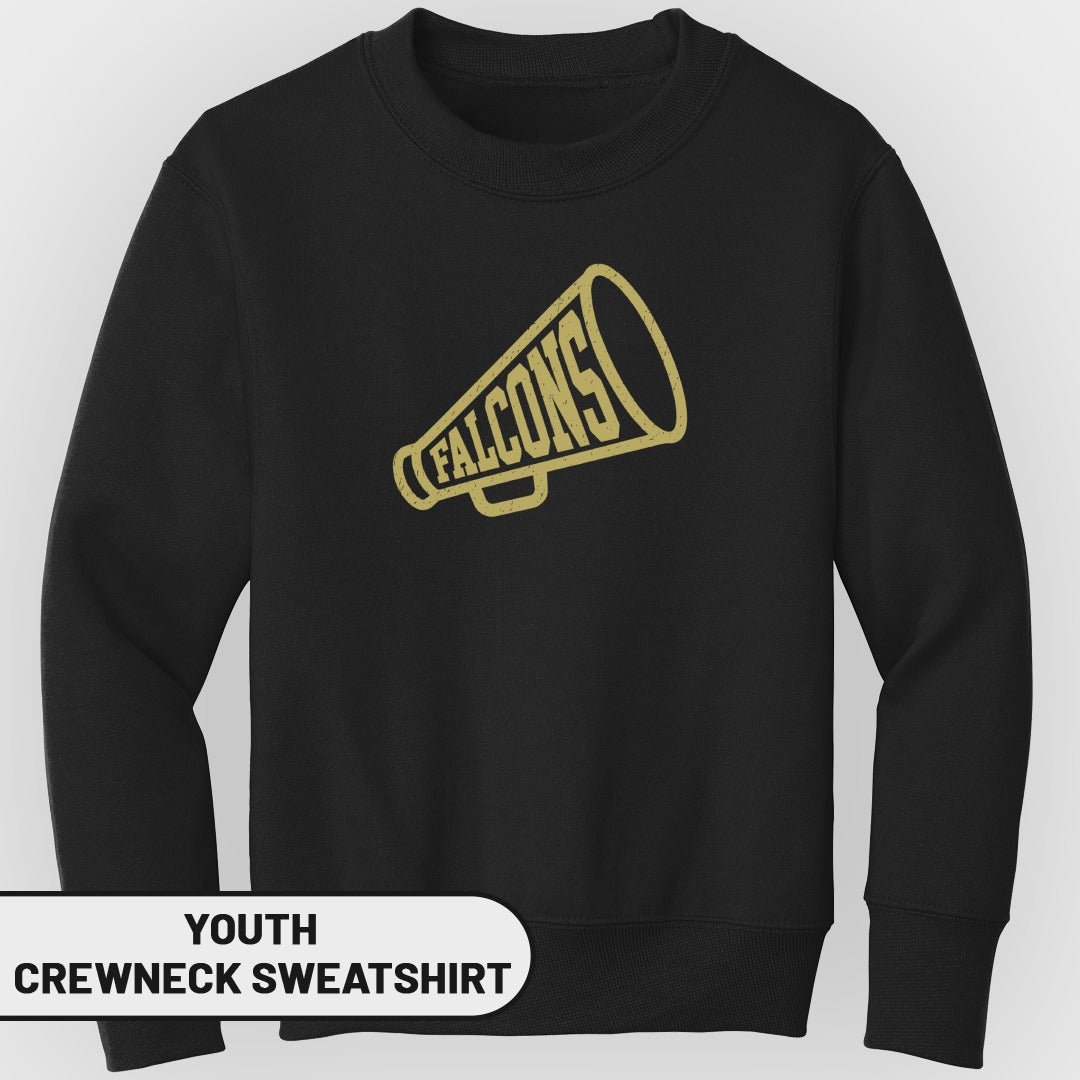 Youth black crewneck sweatshirt with gold distressed megaphone and "FALCONS" text.