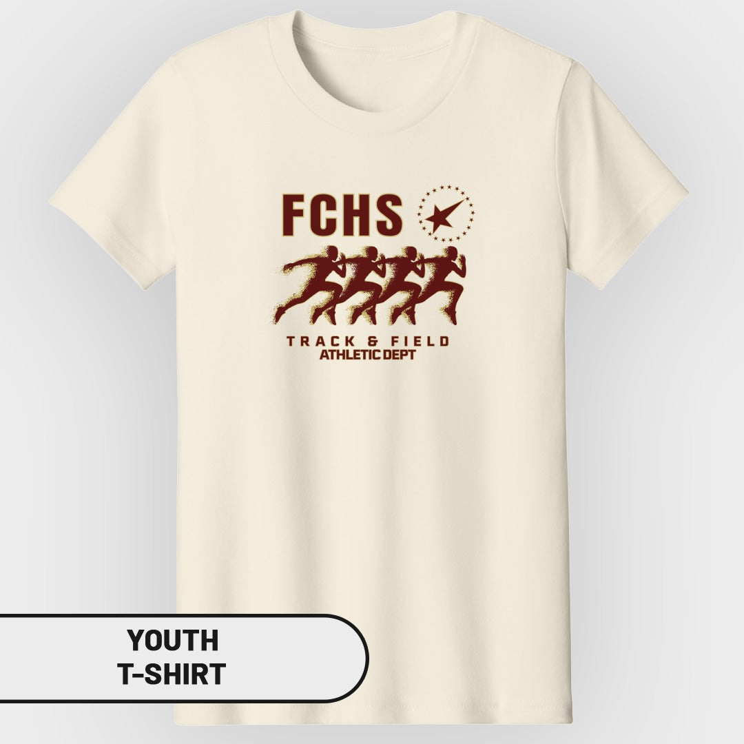 FCHS Track & Field Athletic Dept graphic on a cream youth t-shirt.