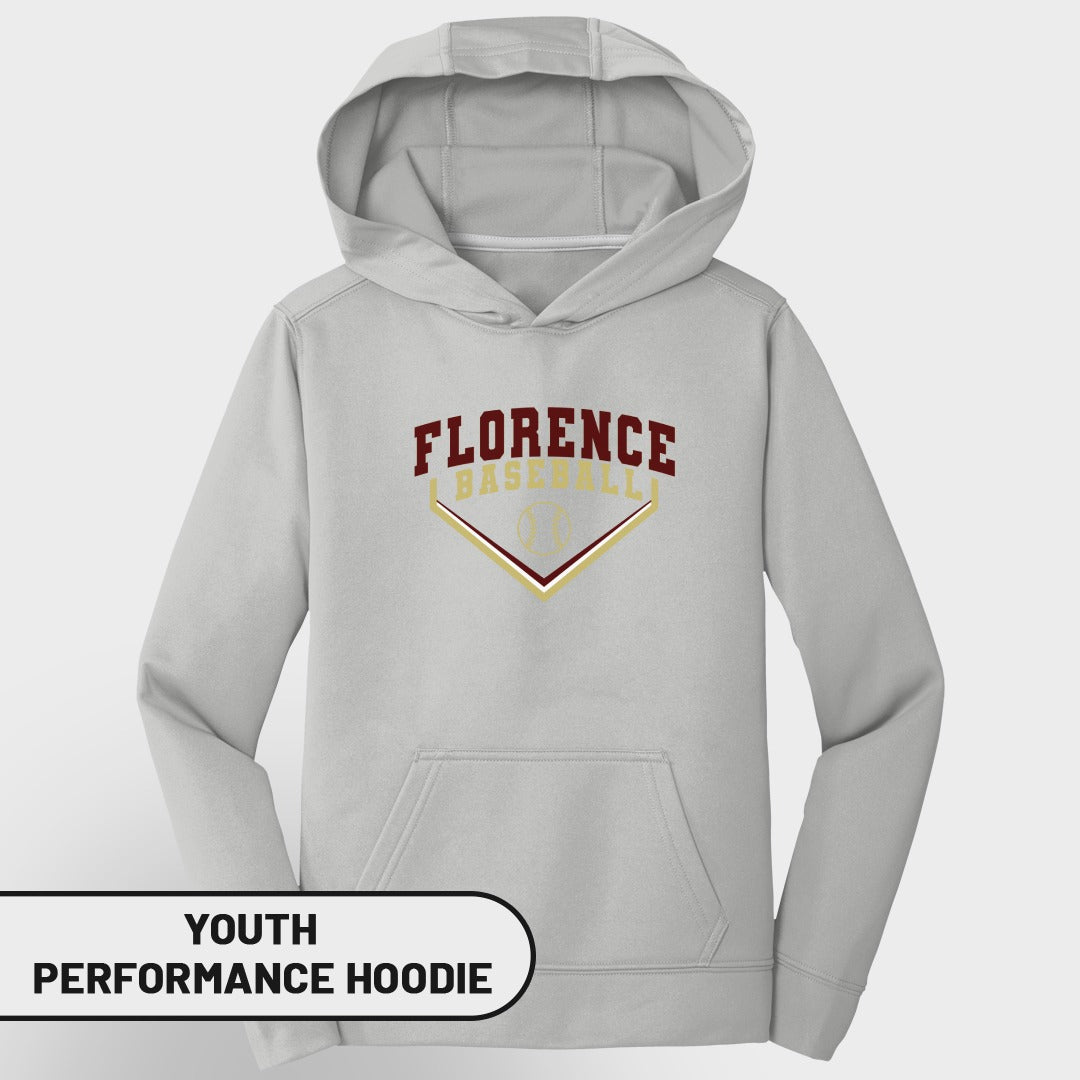 Light gray youth performance hoodie with "FLORENCE BASEBALL" text on chest.