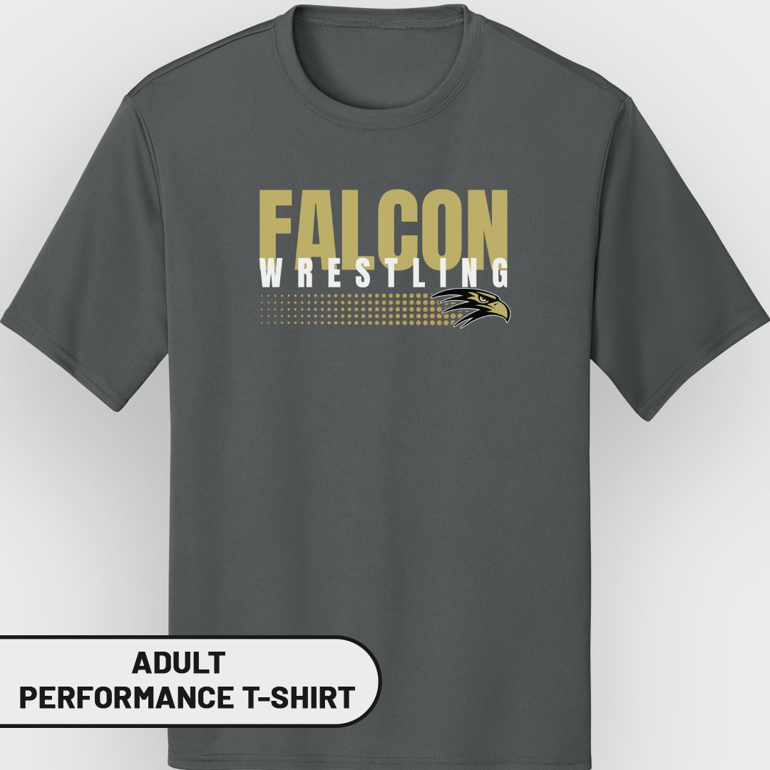 Dark gray adult performance t-shirt with "Falcon Wrestling" and eagle graphic.