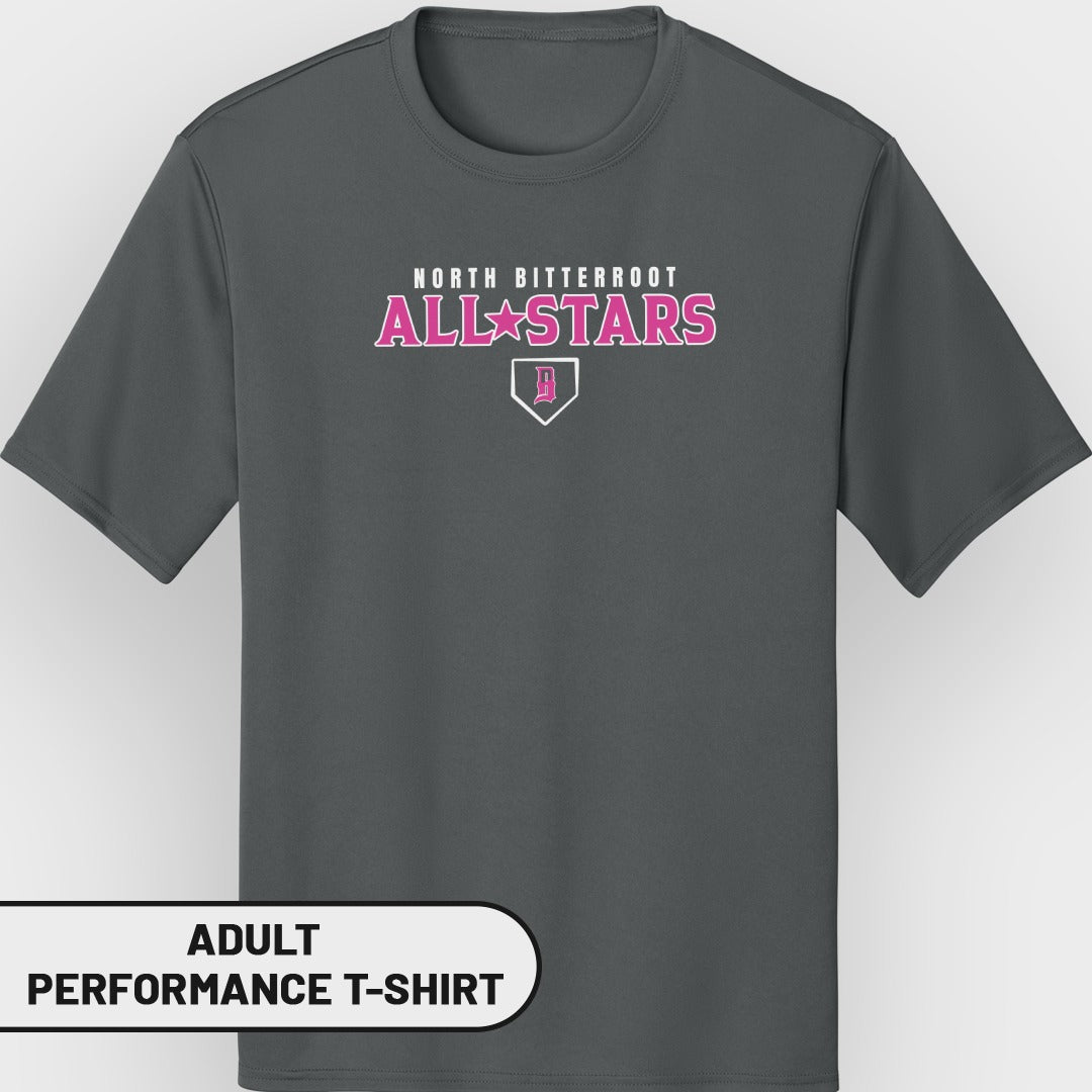 Dark gray adult performance t-shirt with "North Bitterroot All-Stars" logo.