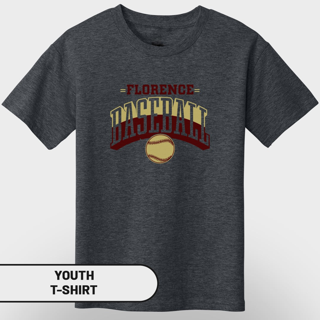 Youth dark grey t-shirt with "Florence Baseball" text and baseball graphic.