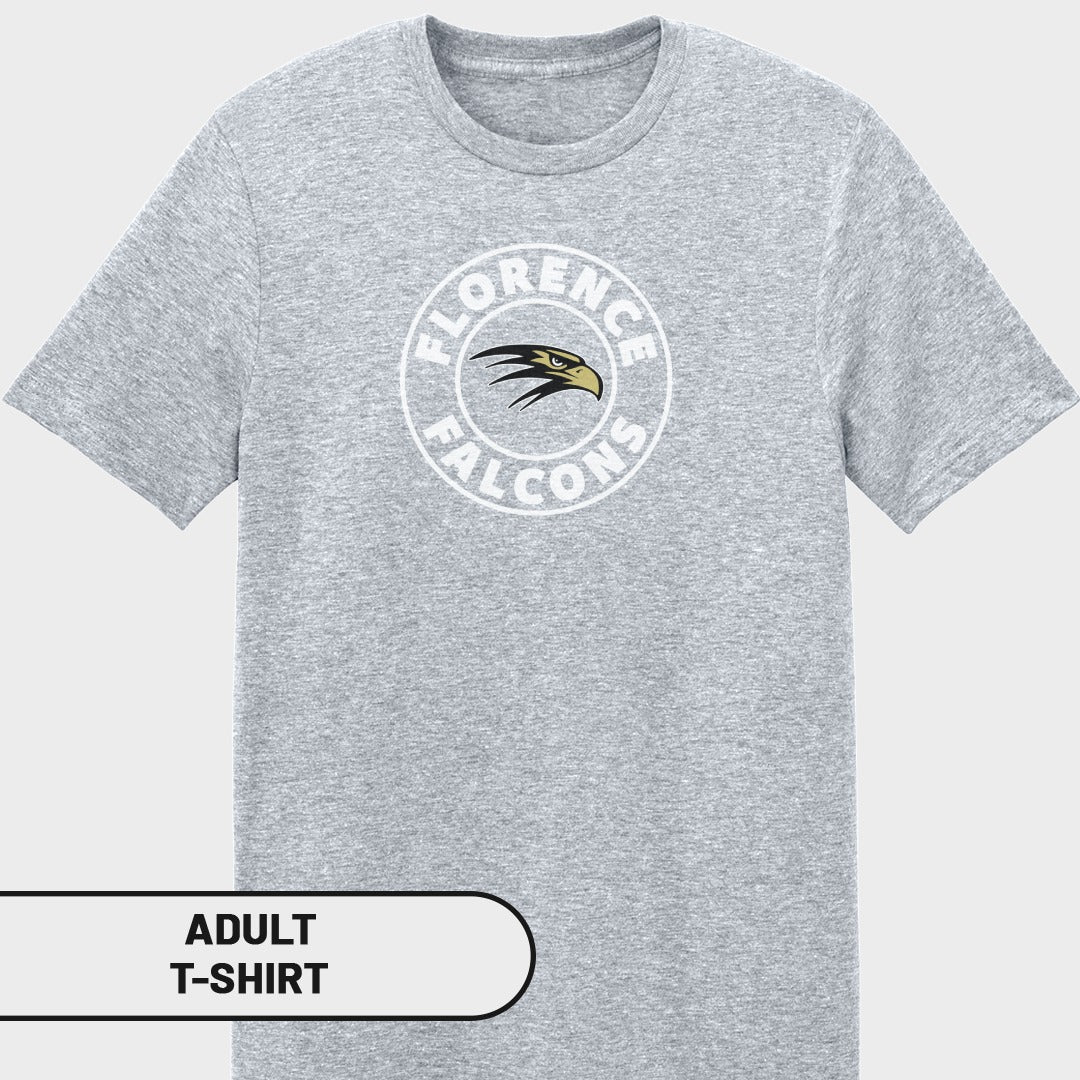 Grey adult t-shirt with Florence Falcons logo and text.