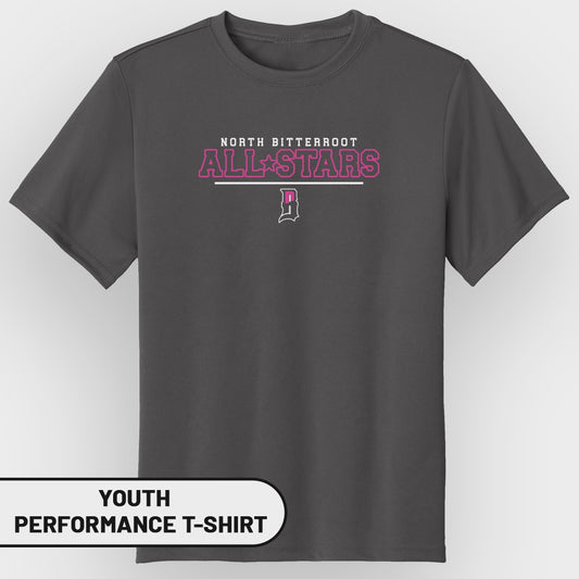Dark gray youth performance t-shirt with "North Bitterroot All-Stars" text.
