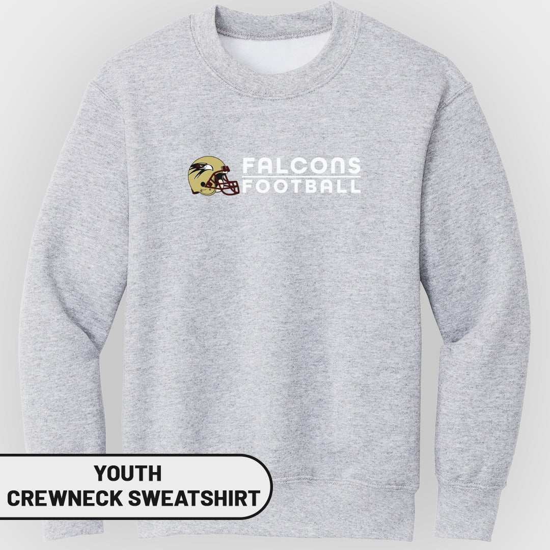 Grey youth crewneck sweatshirt with "Falcons Football" text and helmet graphic.