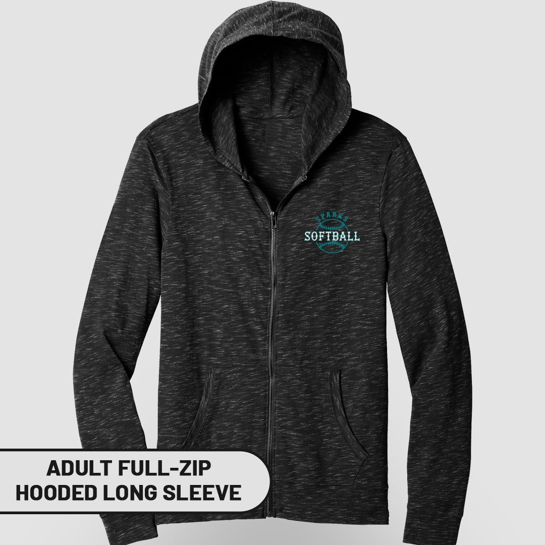 Adult full-zip hooded long sleeve shirt with "Sparks Softball" logo.