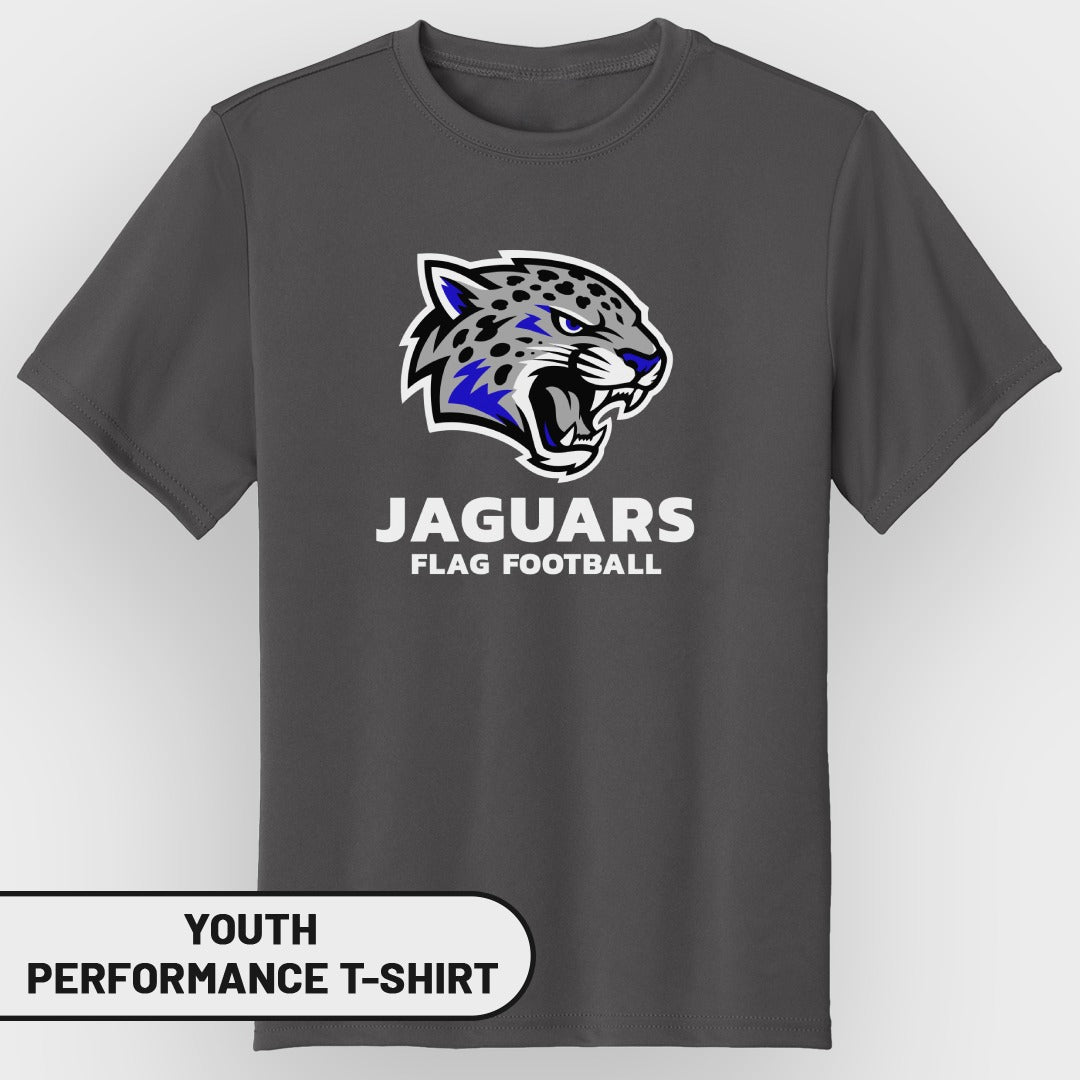Dark grey youth performance t-shirt with a "JAGUARS FLAG FOOTBALL" graphic.