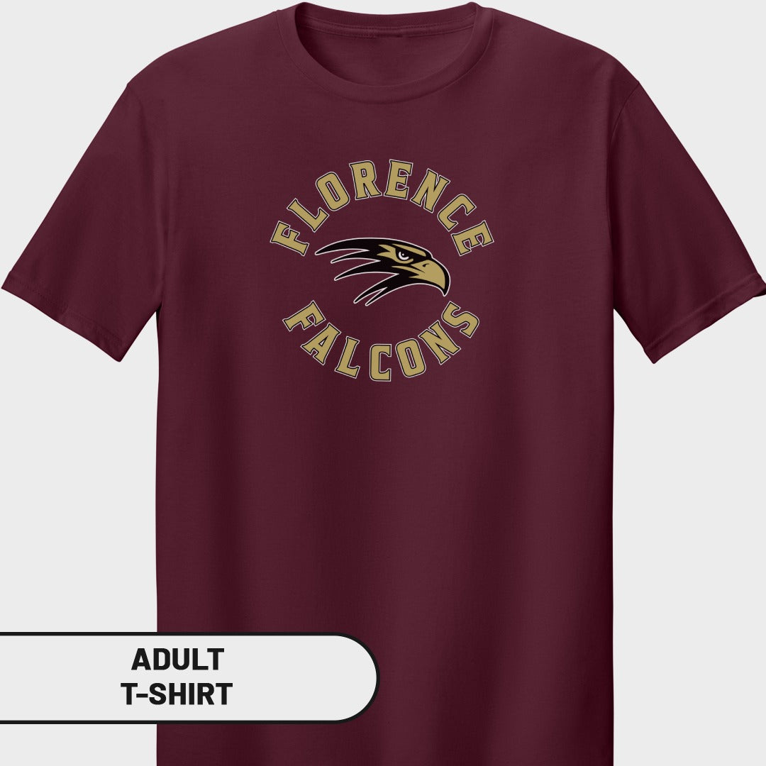 Maroon adult t-shirt with "Florence Falcons" text and eagle logo.