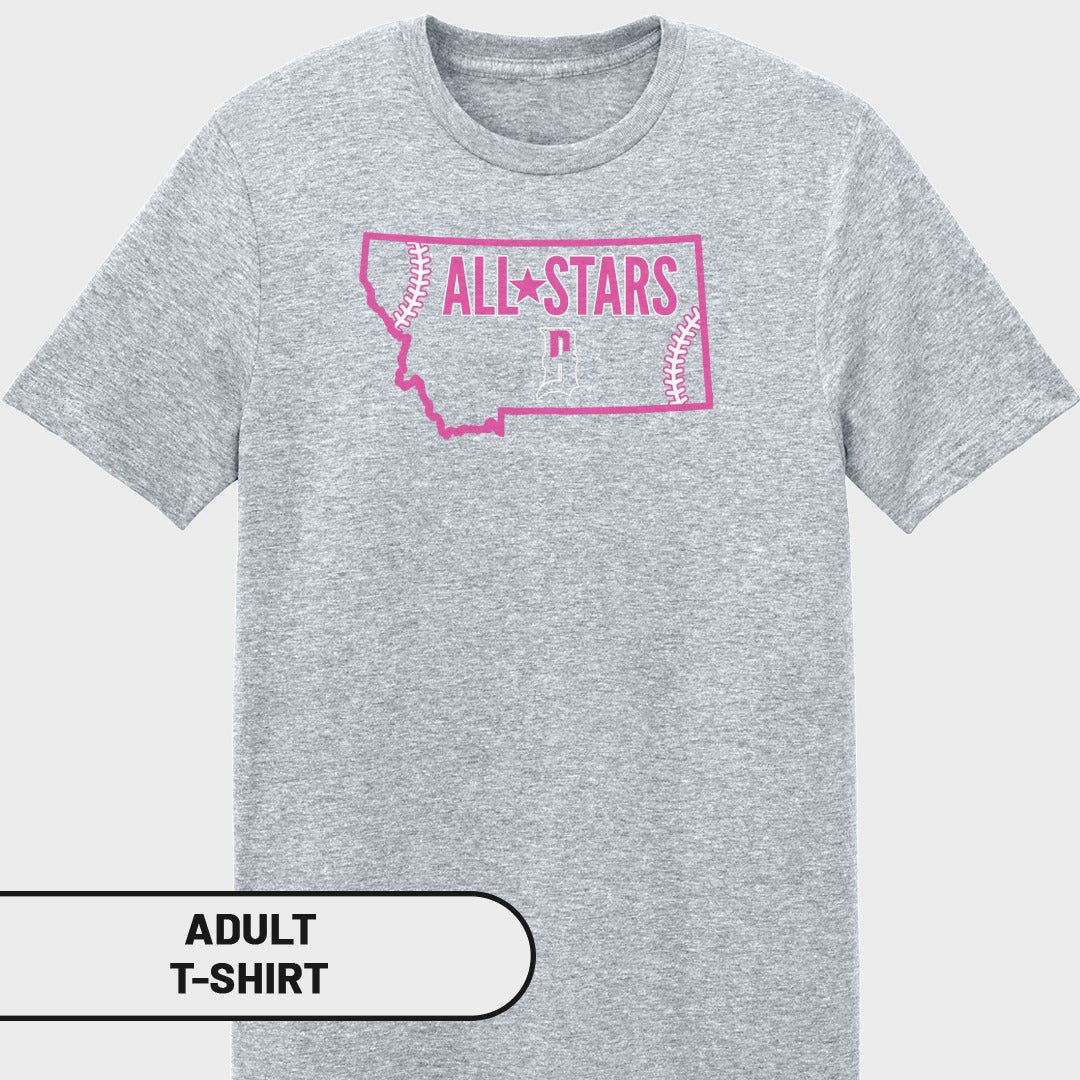 Grey t-shirt with "All Stars" and Montana outline in pink.