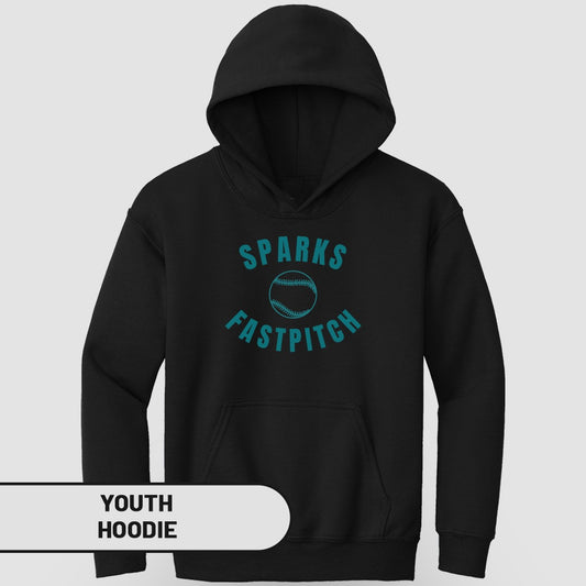 Black youth hoodie with "Sparks Fastpitch" text and a softball graphic.