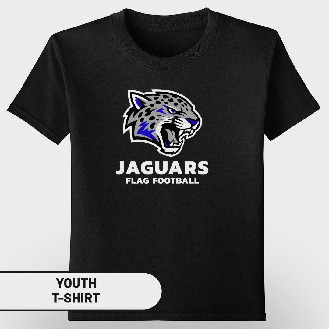 Black youth t-shirt with "Jaguars Flag Football" text and jaguar logo.
