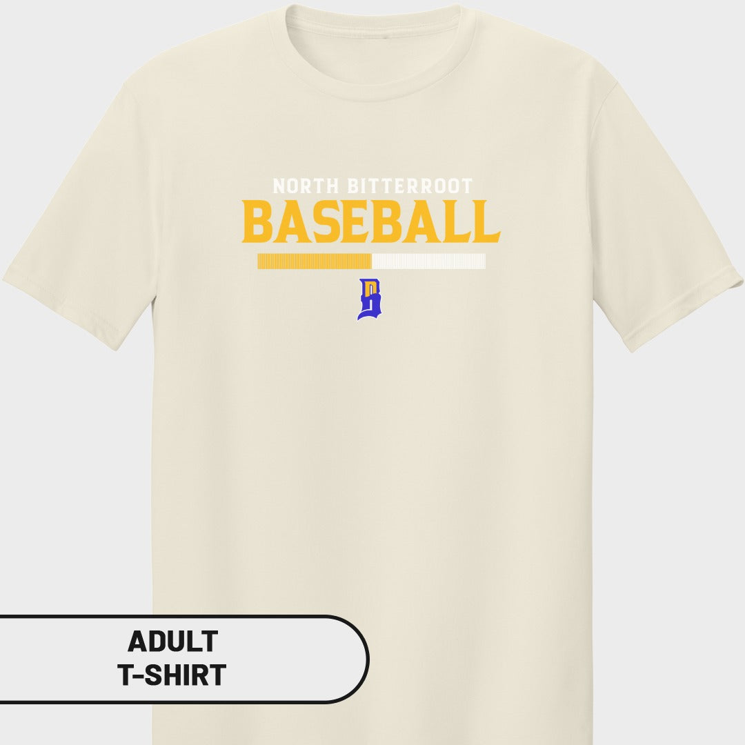 Cream t-shirt with "North Bitterroot Baseball" and blue "D" logo.