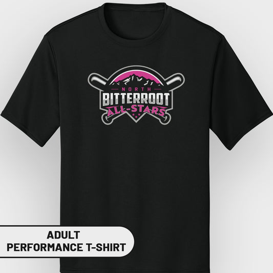 Black t-shirt with "North Bitterroot All-Stars" logo and "Adult Performance T-Shirt" text.