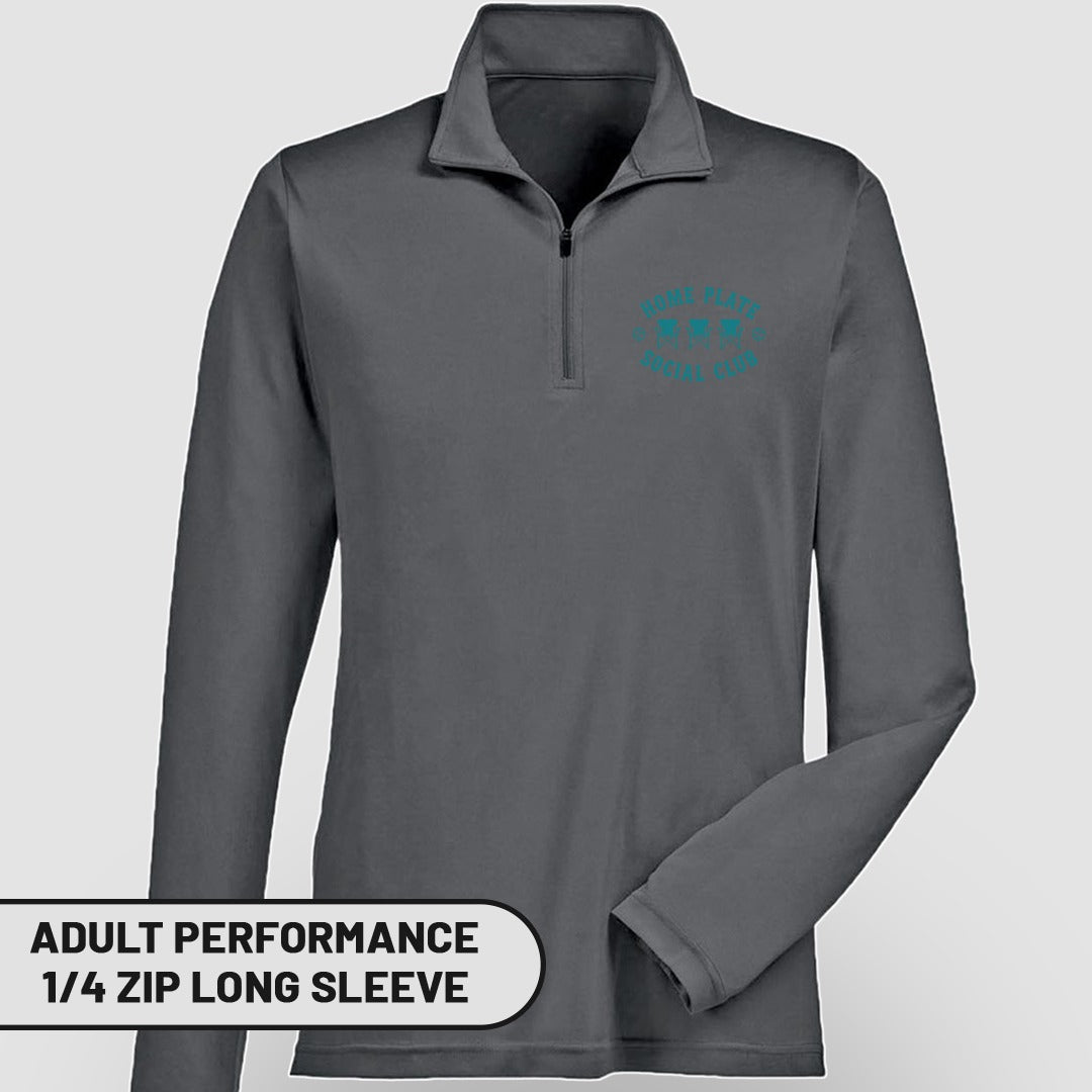 Gray adult performance 1/4 zip long sleeve with teal text on chest.