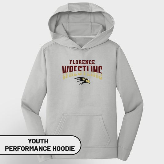 Light grey youth performance hoodie with "Florence Wrestling" and an eagle graphic.