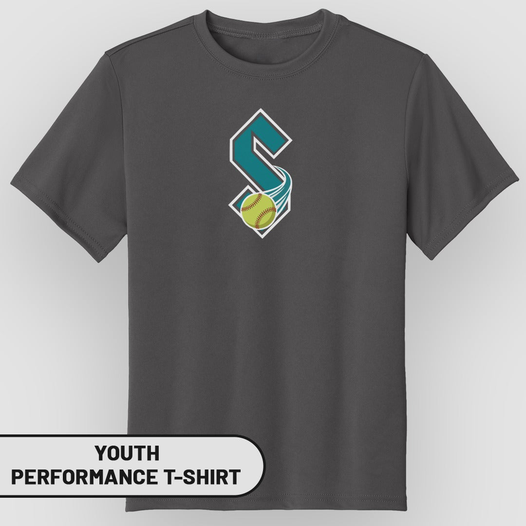 Youth performance t-shirt with a stylized S logo and baseball.