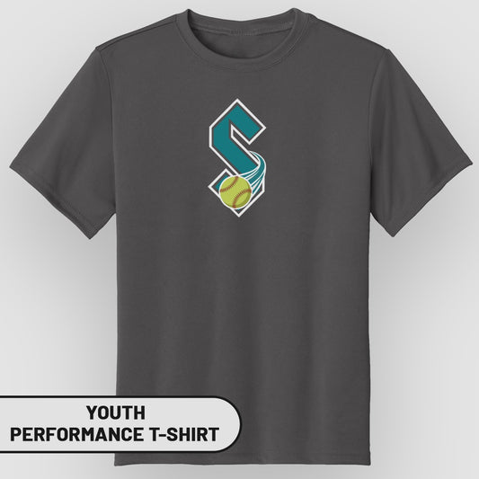 Youth performance t-shirt with a stylized S logo and baseball.