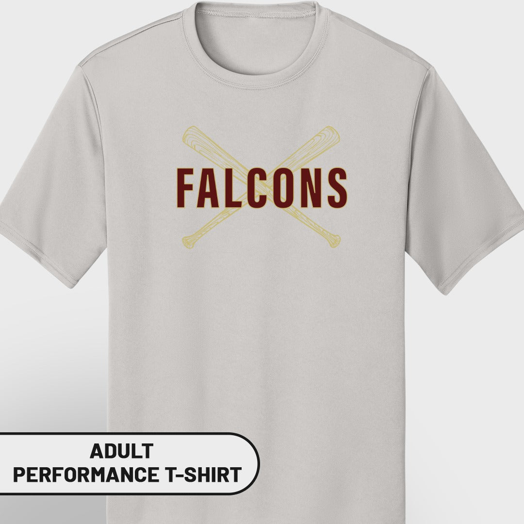 Light gray adult performance t-shirt with crossed baseball bats and "FALCONS" text.